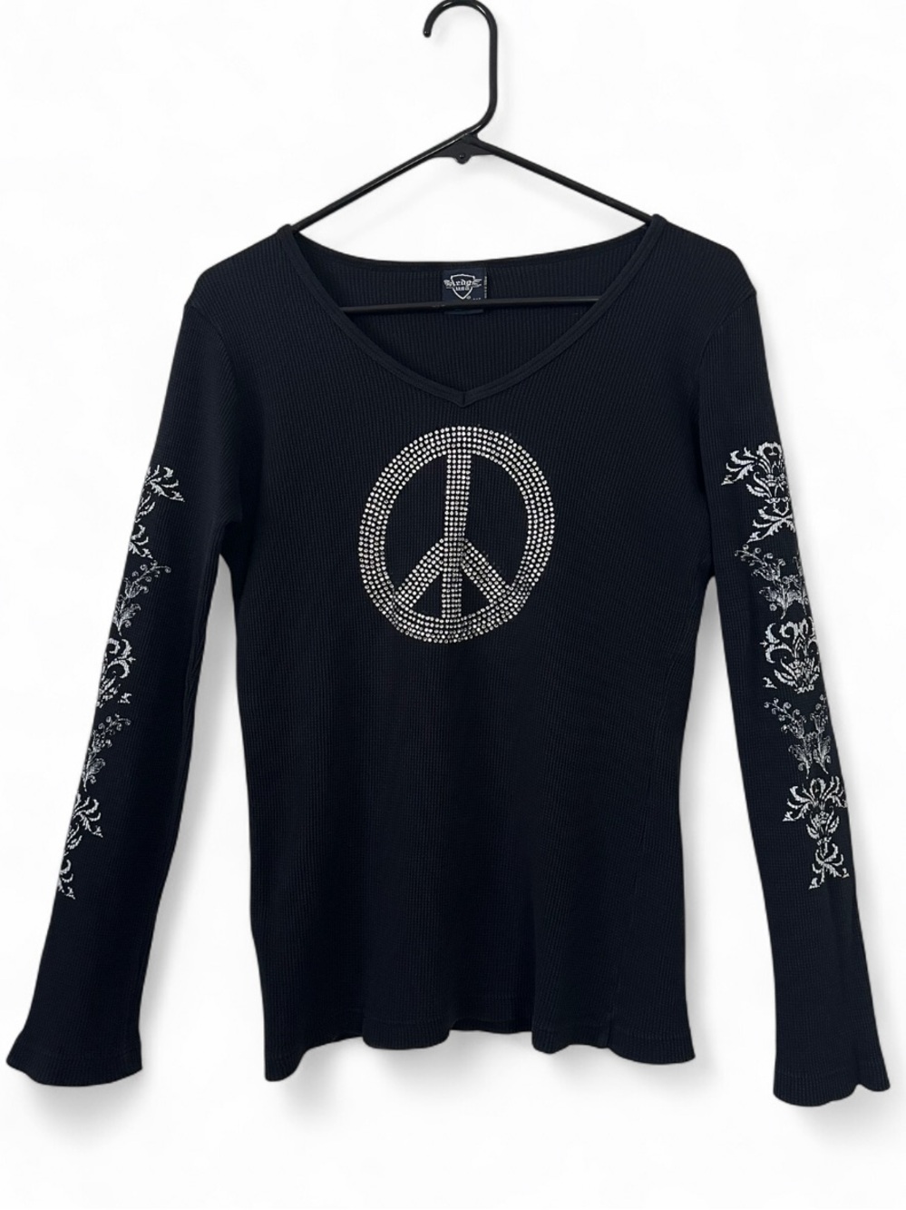 Y2K Sledge USA Peace Sign Rhinestone Comb Cotton Long Sleeve Top Grunge McBling